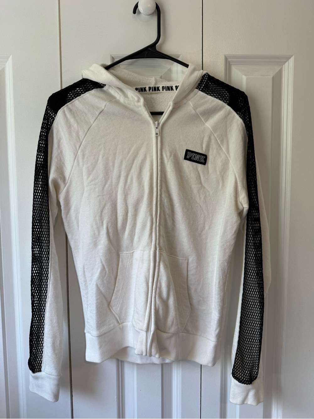 PINK Victoria's Secret White Zip Hoodie with Black Mesh Sleeves